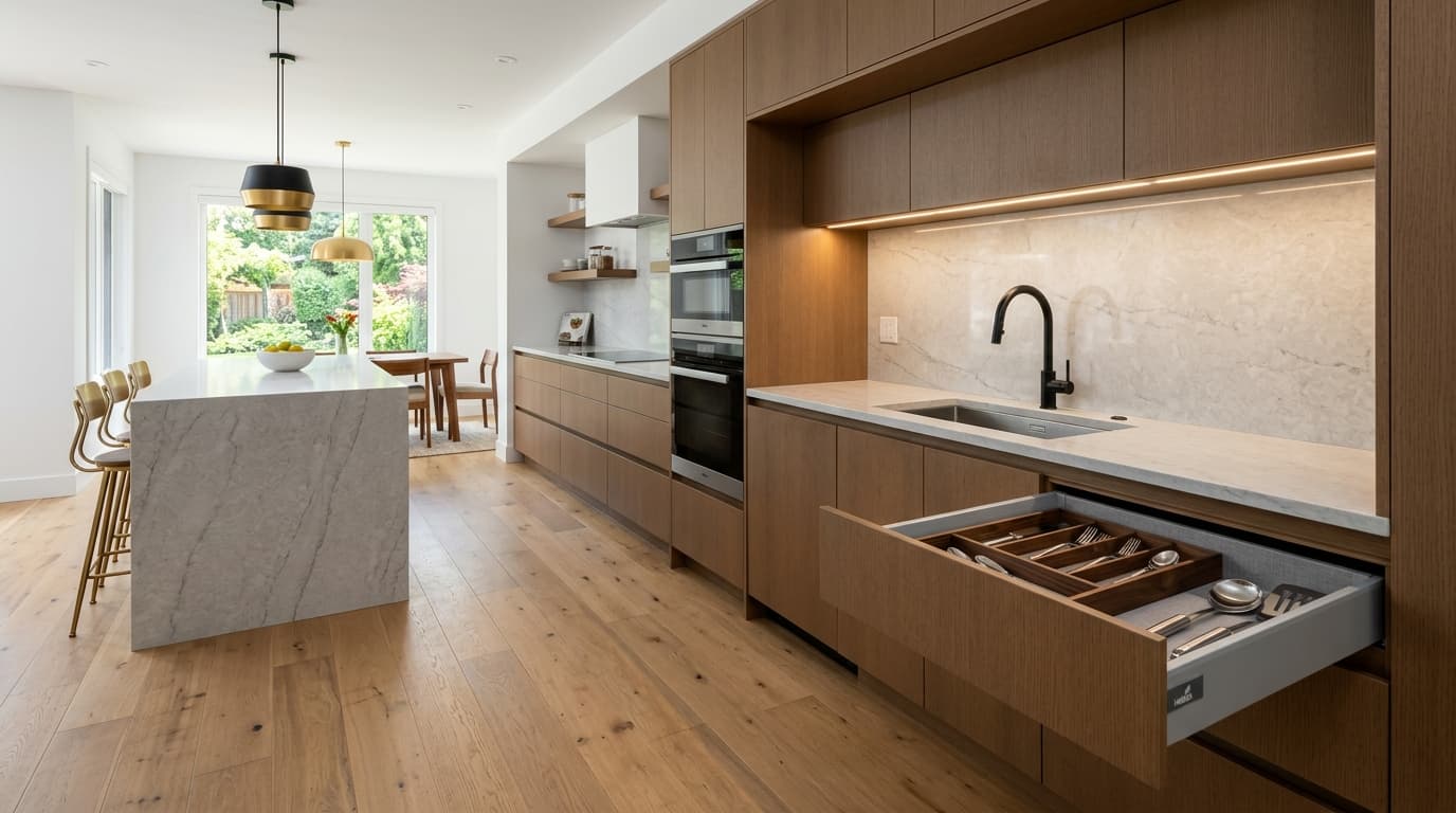 Modern kitchen featuring Altaeuro frameless slab-front cabinetry with full-extension soft-close drawers and sleek minimalist design.