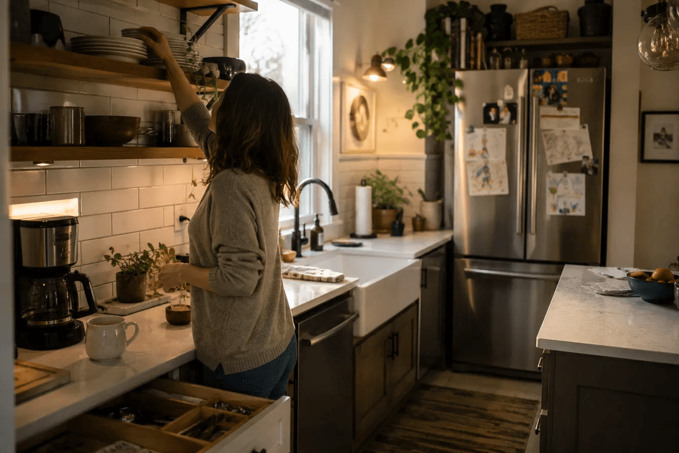 Homeowner reaching for dishes in a modern kitchen with modular cabinets, open shelving, and organized storage designed for everyday living.